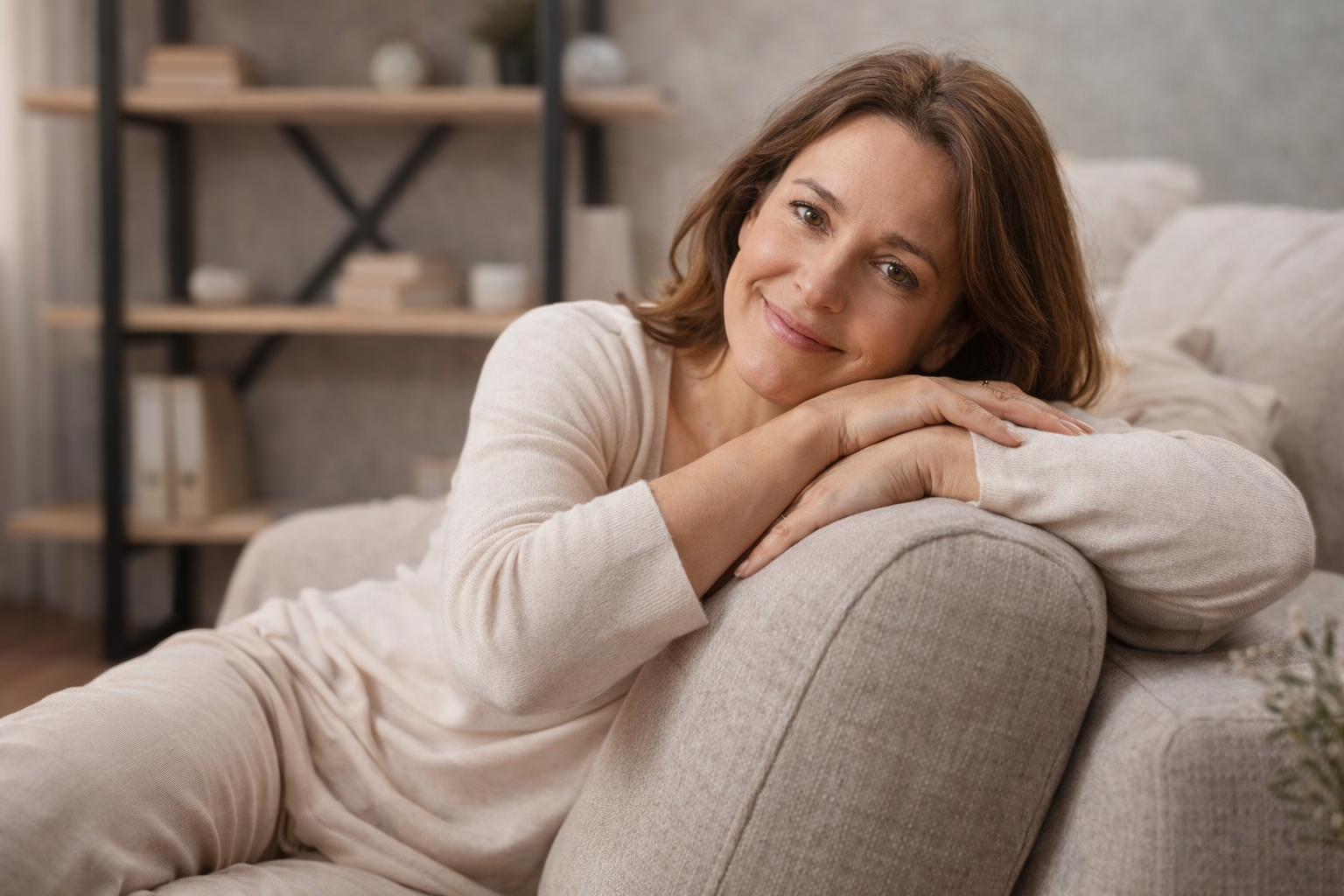 Calm confident woman in a soft neutral interior